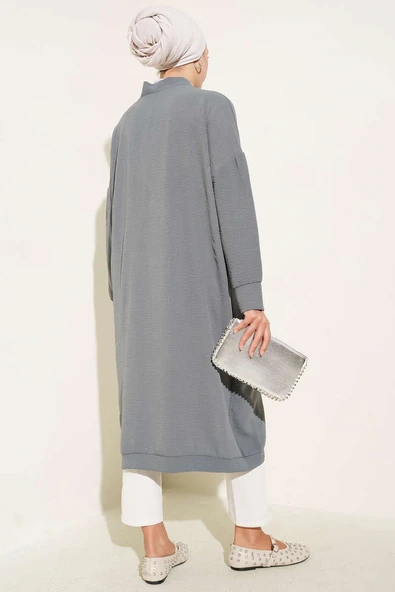 Önü Düğmeli Ayrobin Gri Uzun Hırka - Resim 3