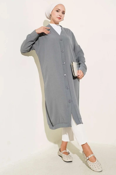 Önü Düğmeli Ayrobin Gri Uzun Hırka - Resim 2