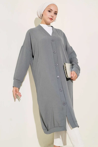 Önü Düğmeli Ayrobin Gri Uzun Hırka ürün görseli 1