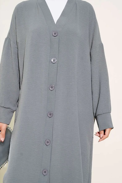 Önü Düğmeli Ayrobin Gri Uzun Hırka - Resim 4
