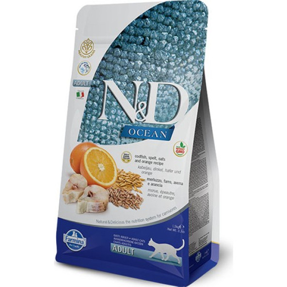 N&D Düşük Tahıllı Ocean Morina Balıklı Ve Portakallı Yetişkin Kedi Maması 2X1 Kg. Açık Paket