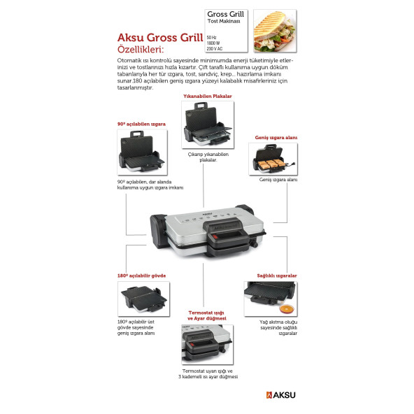 Aksu T32 Gross Grill 1800W Izgara Ve Tost - 2