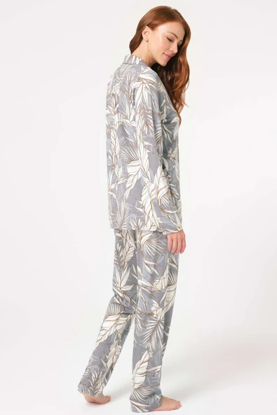 Anıl Kadın Gri Uzun Kol Boydan Düğmeli Pijama Takımı 9842 - Resim 2