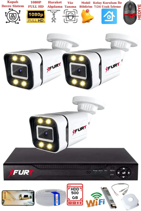 FURY 3 Kameralı 1080P Görüntü Gece Renkli Full Hd 4 x Ultra Led Gece Renkli Güvenlik Kamerası Seti 500GB