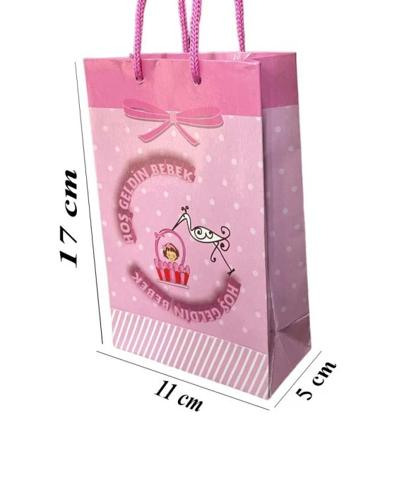 Mini Karton Çanta Pembe Hoşgeldin Bebek Logolu 25 Adet Hediyelik Çanta