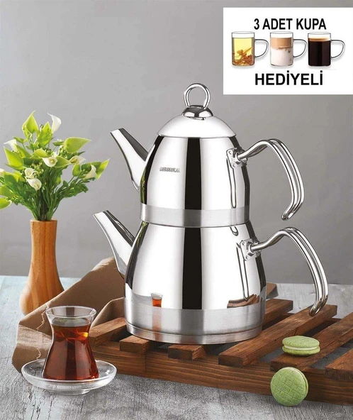 Kahramanlar Orta Boy Çaydanlık Takımı 3 Adet Cam Kupa Hediyeli ürün görseli