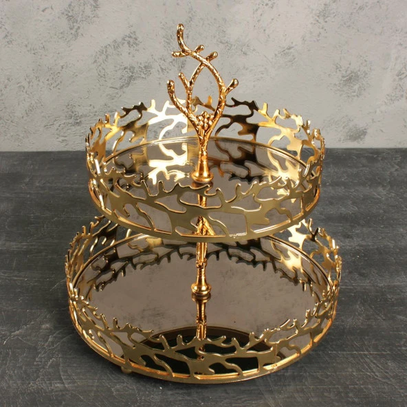 Çınar Dekoratif Kurabiyelik Sunumluk 2 Katlı Gold Renk Yuvarlak ürün görseli