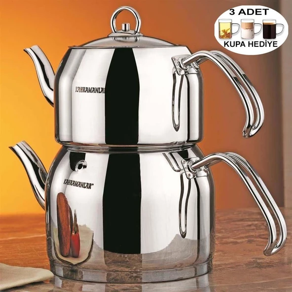 Kahramanlar Orta Boy Çaydanlık Takımı 3 Adet Cam Kupa Hediyeli ürün görseli