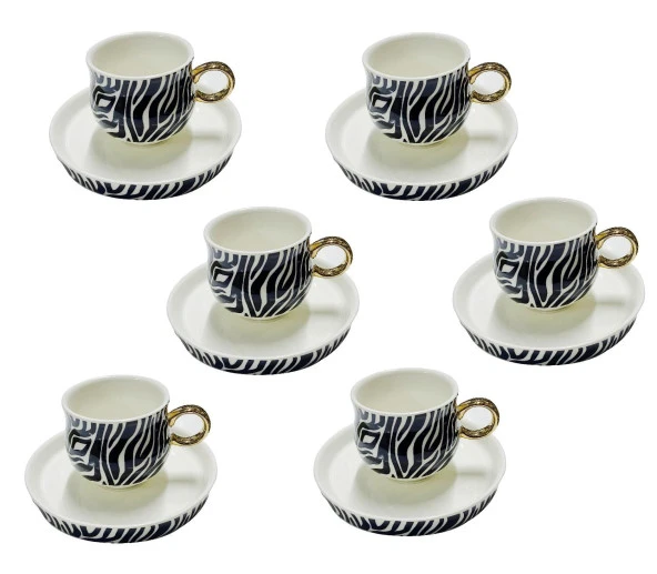 Schafer Porselen Kahve Fincan Takımı 6 Kişilik Siyah Beyaz Zebra Desenli