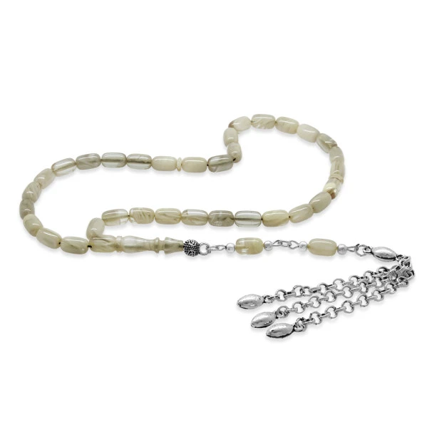 Nipora Kararmaz Metal Püsküllü Kapsül Kesim Şeffaf-Beyaz Bilek Boy Sıkma Kehribar Tesbih ürün görseli