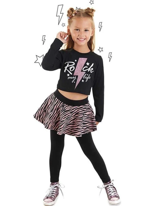 Denokids Kız Çocuk Rock Life Crop-Top T-shirt Zebra Desenli Tayt Takım Siyah MS-23S1-020