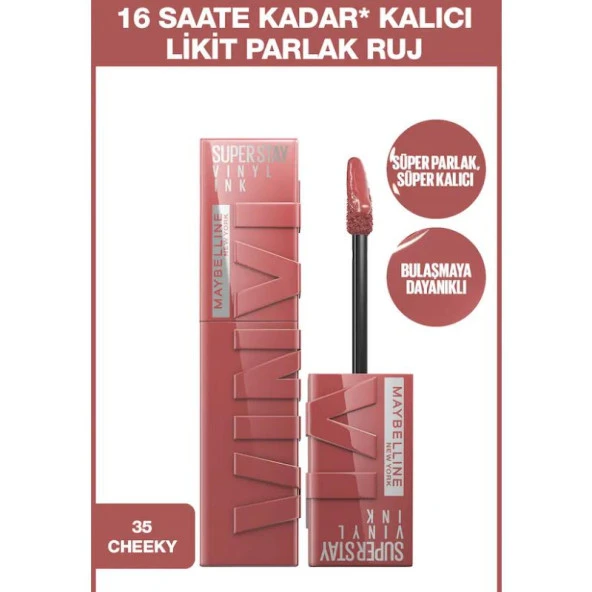 Maybelline New York Super Stay Vinyl Ink Uzun Süre Kalıcı Likit Parlak Ruj 35 Cheeky