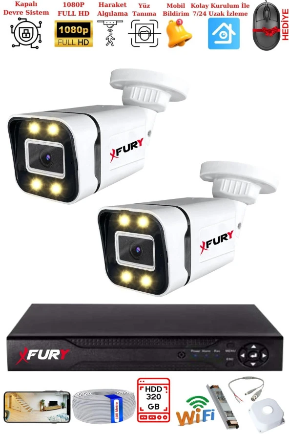 FURY 2 Kameralı 1080P Görüntü Gece Renkli Full Hd 4 x Ultra Led Gece Renkli Güvenlik Kamerası Seti 320GB