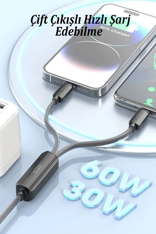 Qpen EC-IC01 1.2M Type-C to Type-C 60W ve Lightning 30W 2in1 PD Hızlı Şarj Kablosu - Resim 2