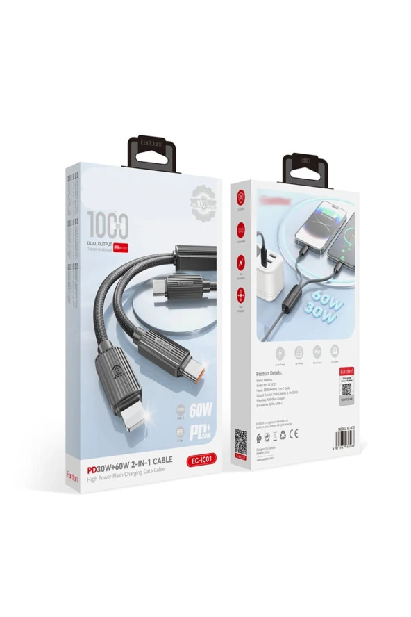 Qpen EC-IC01 1.2M Type-C to Type-C 60W ve Lightning 30W 2in1 PD Hızlı Şarj Kablosu - Resim 5