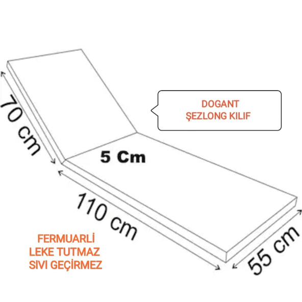 Dogant Süngersiz Şezlong Minderi Klıfı Sıvı Geçirmez Fermuarlı 180-55-5 cm - 3