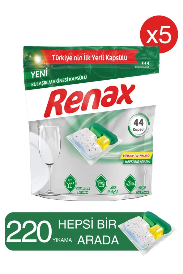 Renax Bulaşık Makinesi Kapsülü Hepsi Bir Arada 44 Lü - 5 Paket