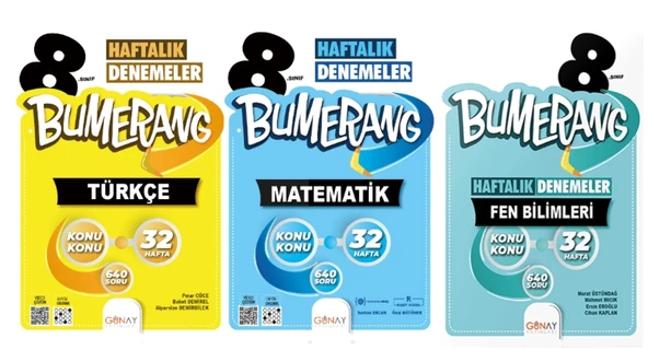 GÜNAY YAYINLARI 8.SINIF BUMERANG 32 HAFTALIK TÜRKÇE - MATEMATİK - FEN BİLİMLERİ DENEMELERİ (3 KİTAP)