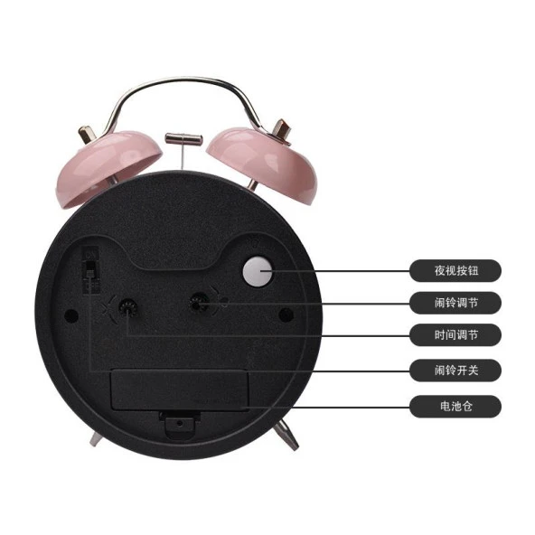 Valkyrie 16cm Büyük Boy Akar Saniyeli Alarm Çalar Saat - Nostaljik Masa Saati Pembe - 8