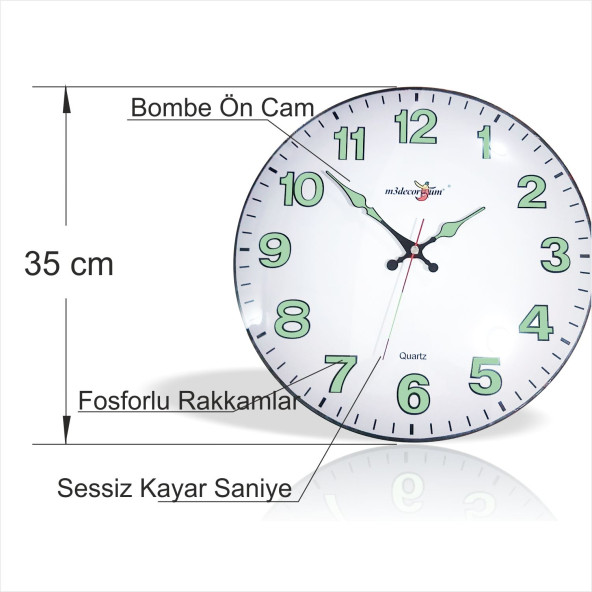 Yansıma Yapmayan Mat Beyaz Zemin Sessiz Kayar Saniye Fosforlu Gece Görünen 35 cm Camlı Duvar Saati - Resim 6