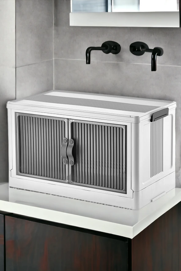 Çok Amaçlı İstiflenebilir Manyetik Kapaklı Demonte Kiler Mutfak Salon Banyo Oda Düzenleyici Dolap 55 Litre Beyaz