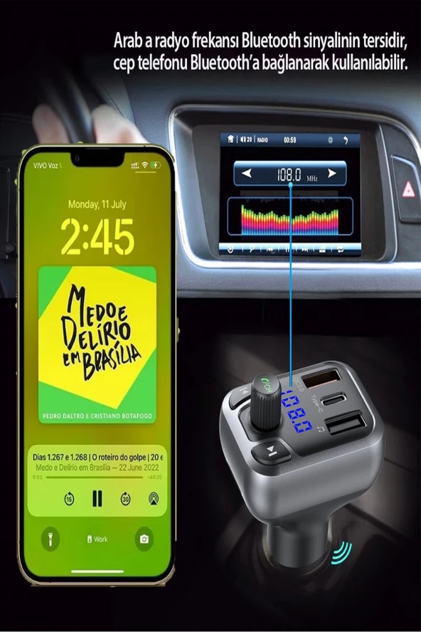 Qpen M63 Bluetooth USB3.0 ve Type C PD Hızlı Şarj FM Transmitter - 2