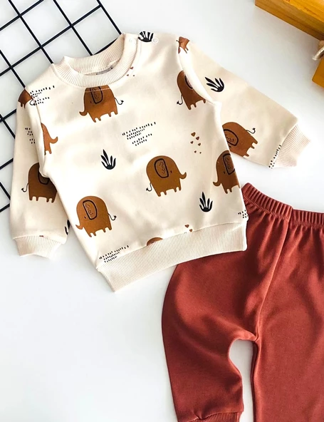 Neşeli Bebekler Filli Desen İki İplik Kumaş Mevsmlik Takım Kiremit - Resim 2