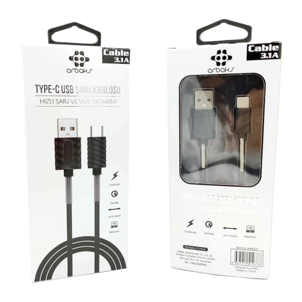 TYPE-C 3.1A Siyah Yaylı Usb Şarj Kablosu Arbaks Arb037