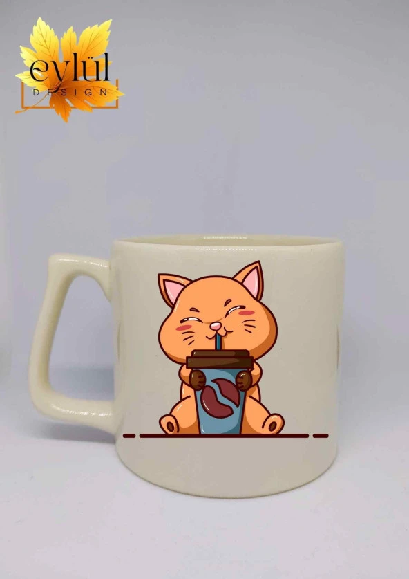 Krem Rengi Sevimli Kedi ve Kahve Özel Tasarım Lüks Seramik Kupa Bardak Latte Bardağı - 1
