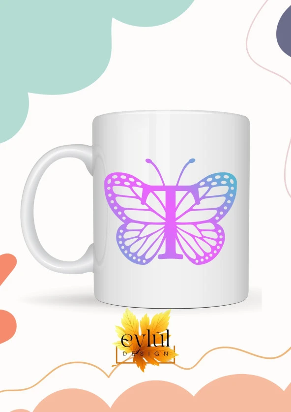 T Harfi Pembe Kelebek Temalı Baskılı Özel Tasarım Renkli Baskılı Kupa Bardak Doğum Günü Hediyesi ürün görseli