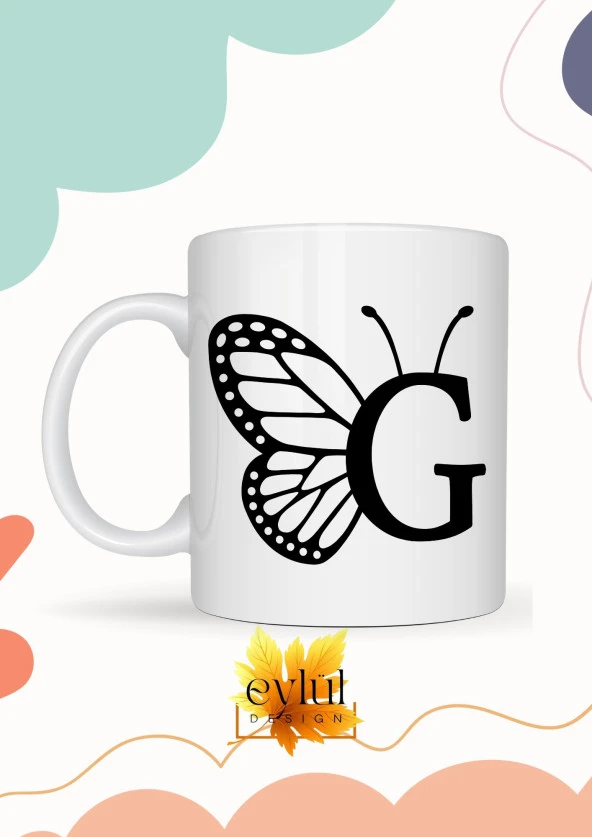 G Harfi Kelebek Temalı Baskılı Özel Tasarım Renkli Baskılı Kupa Bardak Doğum Günü Hediyesi ürün görseli