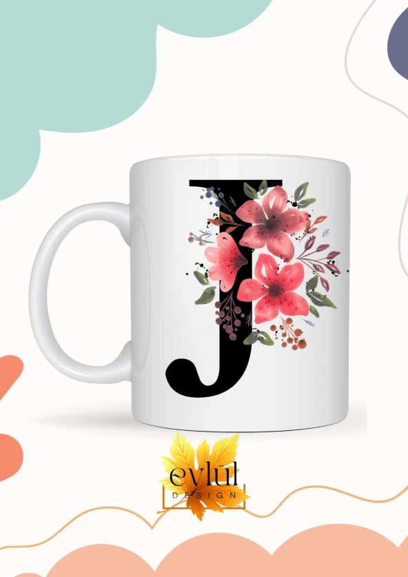 J Harfi Pembe Çiçekli Baskılı Özel Tasarım Renkli Baskılı Kupa Bardak Doğum Günü Hediyesi ürün görseli