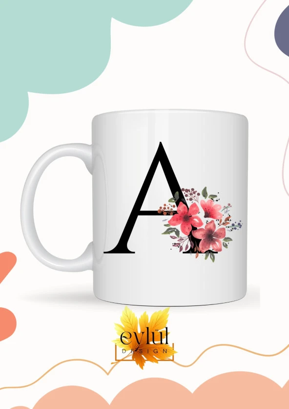 A Harfi Pembe Çiçekli Baskılı Özel Tasarım Renkli Baskılı Kupa Bardak Doğum Günü Hediyesi ürün görseli