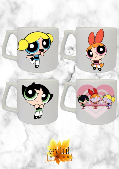 4lü Powerpuff Girls Temalı Özel Tasarım Baskılı Lüks Seramik Kupa Bardak Seti Çay-kahve Bardak