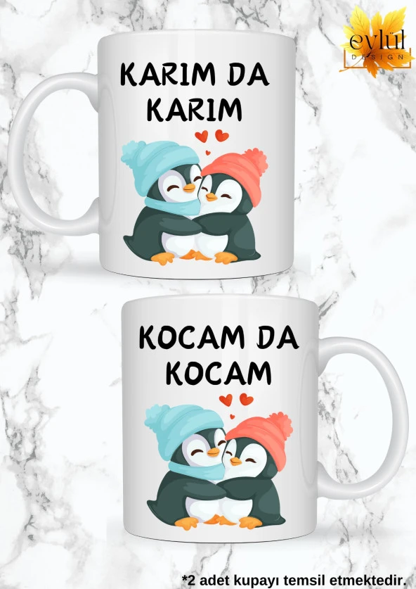 Kocam da Kocam,Karım da Karım Baskılı 2li Özel Tasarım Porselen Kupa Bardak Sevgililer Günü Hediye