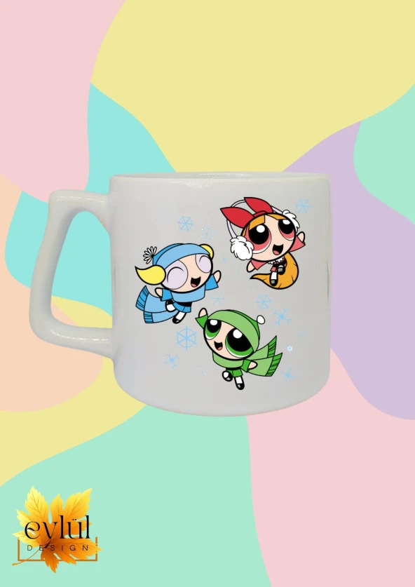 Powerpuff Girls Kış Temalı Yazılı Baskılı Eğlenceli Lüks Seramik Kupa Bardak Çay-kahve Bardağı