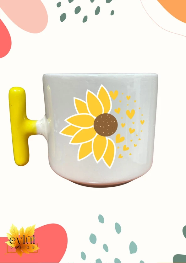 Sarı Renk Saplı Ayçiçek Baskılı Krem Renk T Saplı Özel Tasarım Baskılı Kupa Bardak ürün görseli