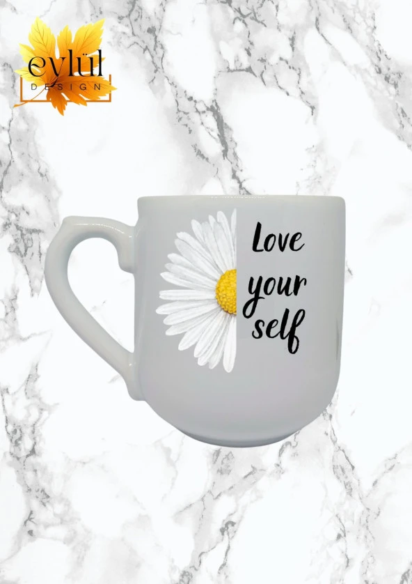 Love Yourself Yazılı Özel Tasarım Baskılı Lüks Oval Kupa Bardak-Kahve Bardak