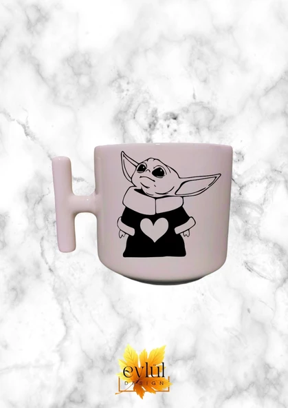 Krem Rengi T Saplı Baby Yoda Özel Tasarım Baskılı T Kupa Bardak Latte Bardağı