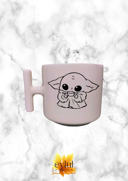 Krem Rengi T Saplı Baby Yoda Özel Tasarım Baskılı T Kupa Bardak Latte Bardağı ürün görseli