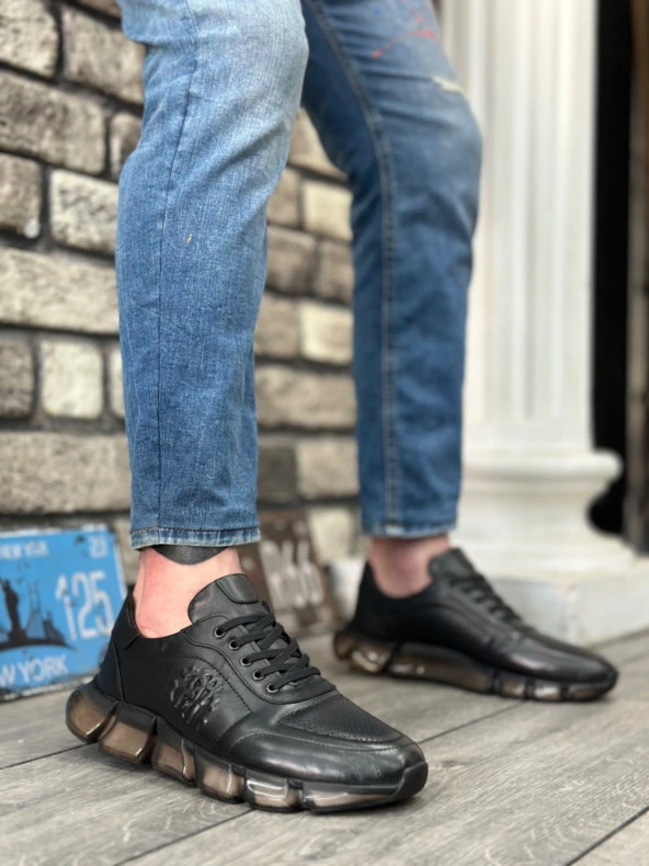 BA0338 İçi Dışı Hakiki Deri Rahat Taban Siyah Sneakers Casual Erkek Ayakkabı