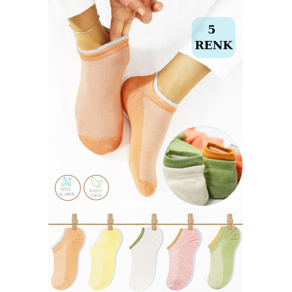 5'li Kadın Çorap Yazlık Comfort Çift Lastik Pamuklu Penye Patik Çorap