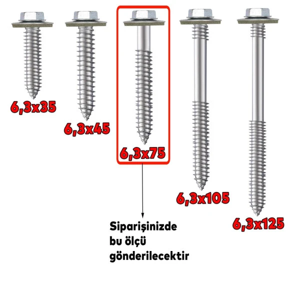 Betofast Vidası 6.3x75 mm Paket 100 ADET Sivri Uçlu Çatı Panel Beton Ağaç Vidası - Resim 4