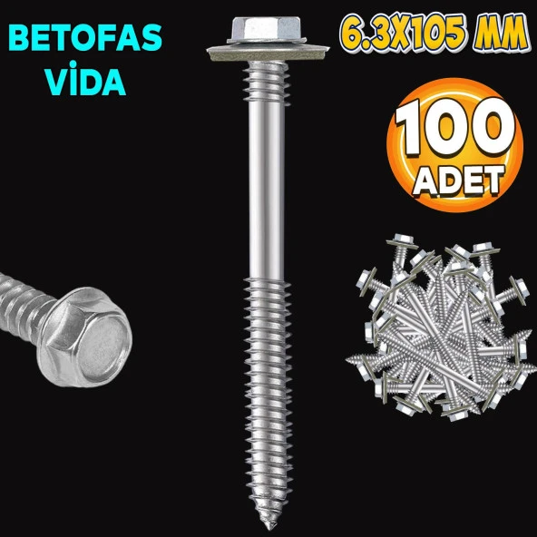 Betofast Vidası 6.3x105 mm Paket 100 ADET Sivri Uçlu Çatı Panel Beton Ağaç Vidası