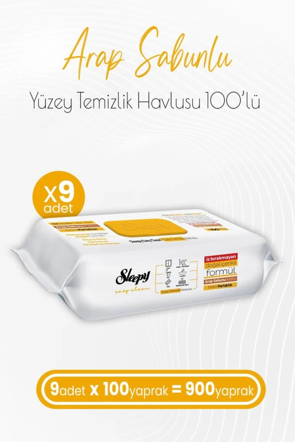 Sleepy   Easy Clean Arap Sabunu Katkılı Yüzey Temizlik Havlusu 100' Lü X 9 Adet