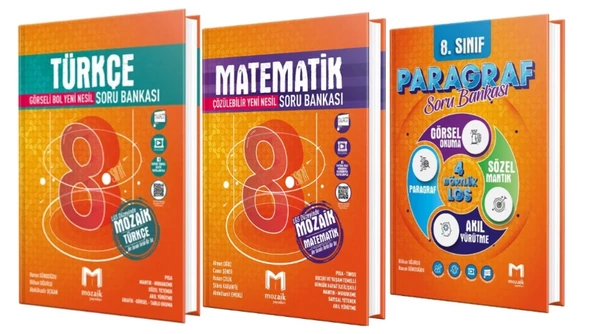 MOZAİK YAYINLARI 8. Sınıf Türkçe - Matematik - Paragraf Soru Bankası (3 Kitap)