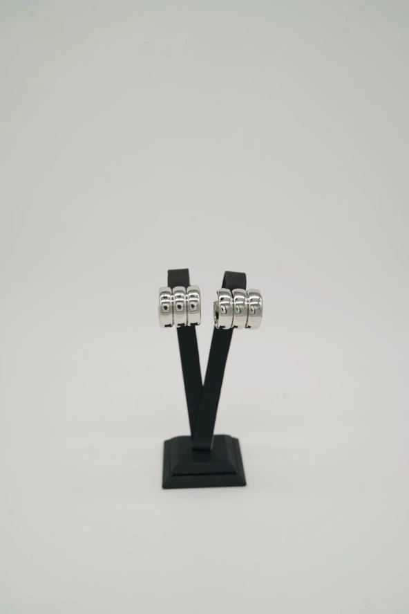 Pirinç Üçlü Gümüş Renk Halka Küpe - 4