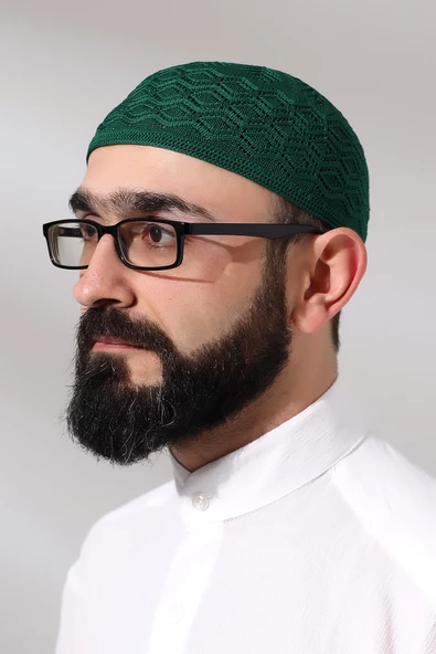 Kabartma Desen Örgülü Platinum Namaz Takkesi Yeşil
