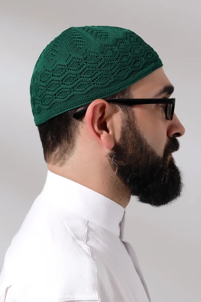 Kabartma Desen Örgülü Platinum Namaz Takkesi Yeşil - 5