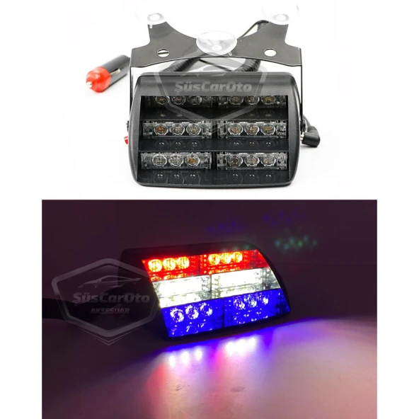 18 Led Mini Cam İçi Vantuzlu Polis Çakar Lamba İkaz Lambası 18 Ledli 4 Farklı Mod Mavi Beyaz Kırmızı 3 Renk Çakmaklık Girişli